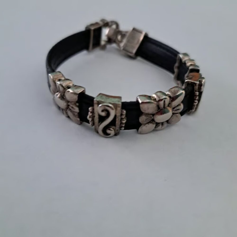 Black Leather Bracelet With Silver Charms